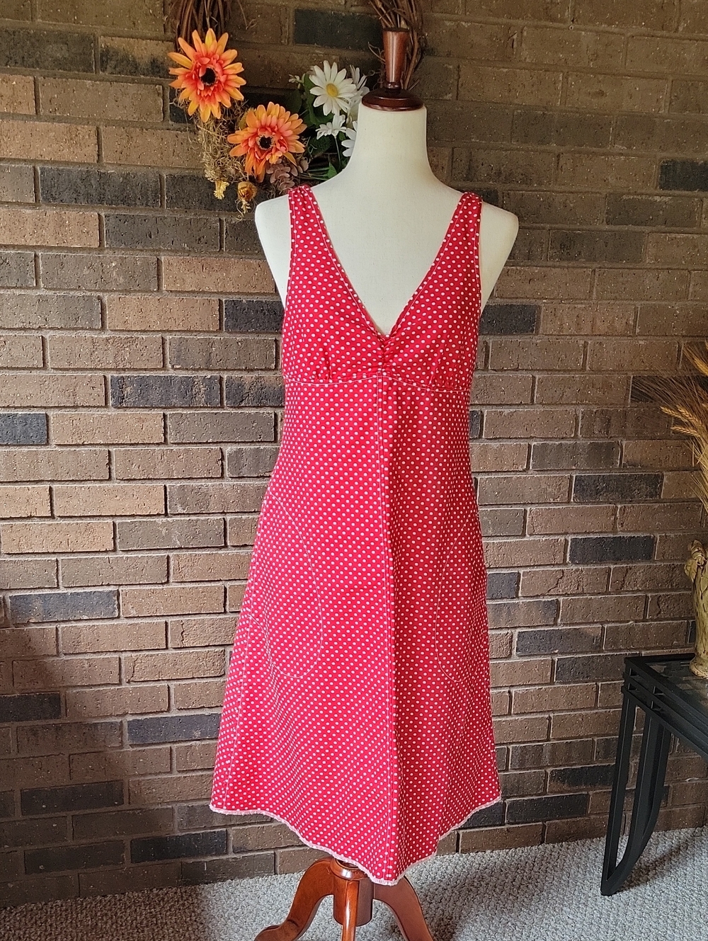 Utility canvas red/white polka dot slip dress, size S